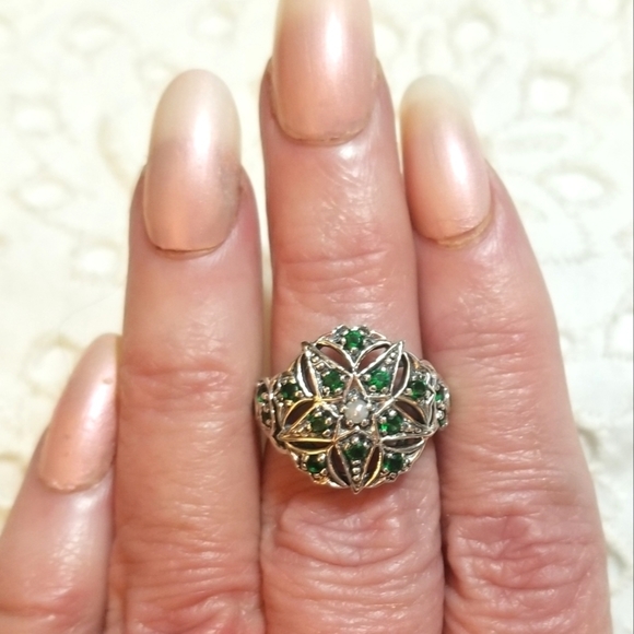 Art Deco Revival Chrome Diopside Seed Pearl Ring - Picture 3 of 8